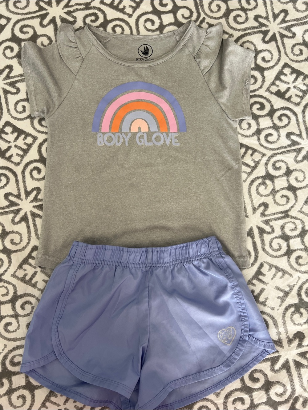 Body Glove Gray Tee with Pastel Rainbow & Lavender Shorts